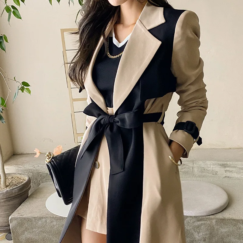 

2023 New Chic Women Coat Fashion Color Blocking lace-up Casual Korean Simple Windbreaker Spring Autumn Women Coats