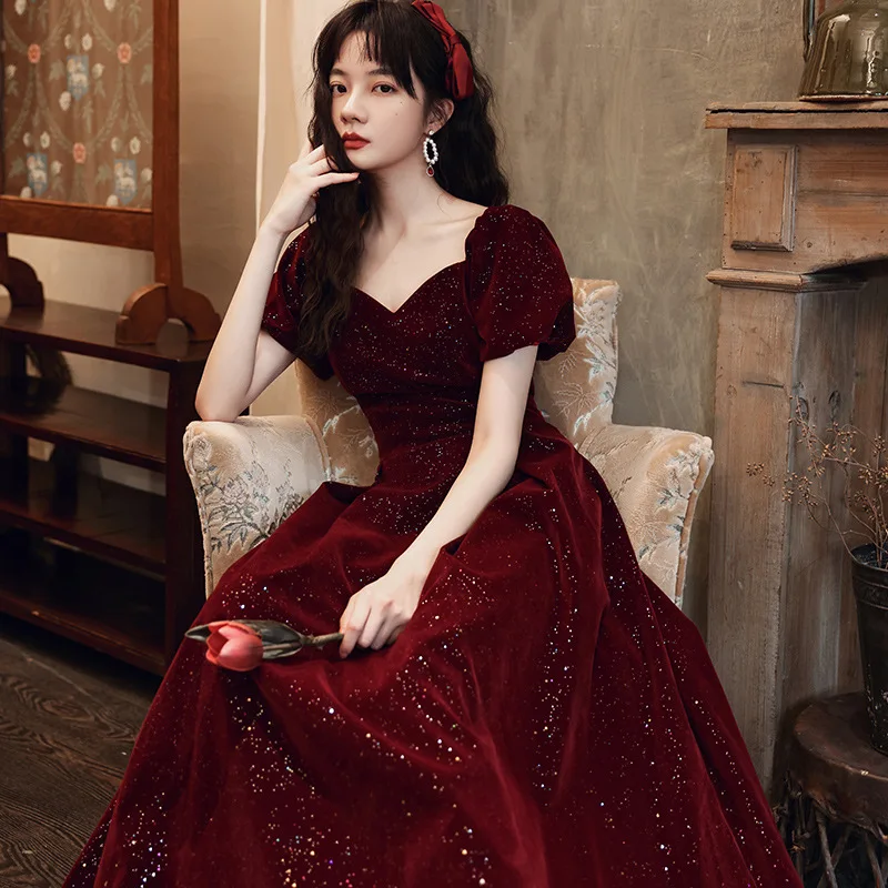 

Velour Bridal Wedding Evening Party Dress Square Neck Chinese Formal Dresses Puff Sleeve Cheongsam Burgundy Grace Robe De Festa