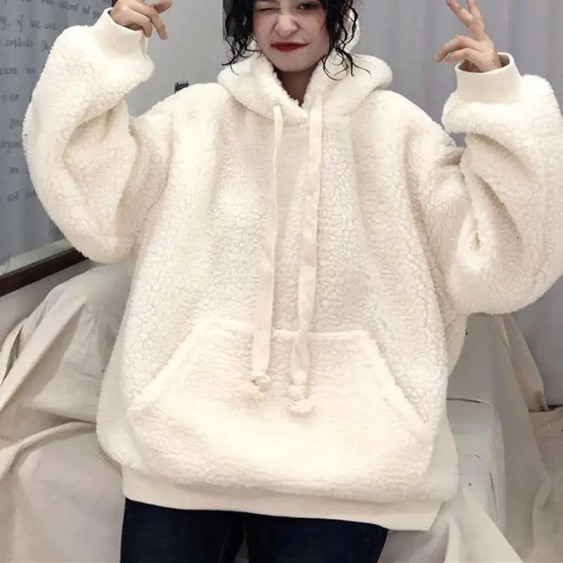 2024 Winter Lamb Plush Warm Jackets Kawaii Bear Embroidery White Plus Velvet Coats Y2k Korean Casual Loose Women Hoodie Brown