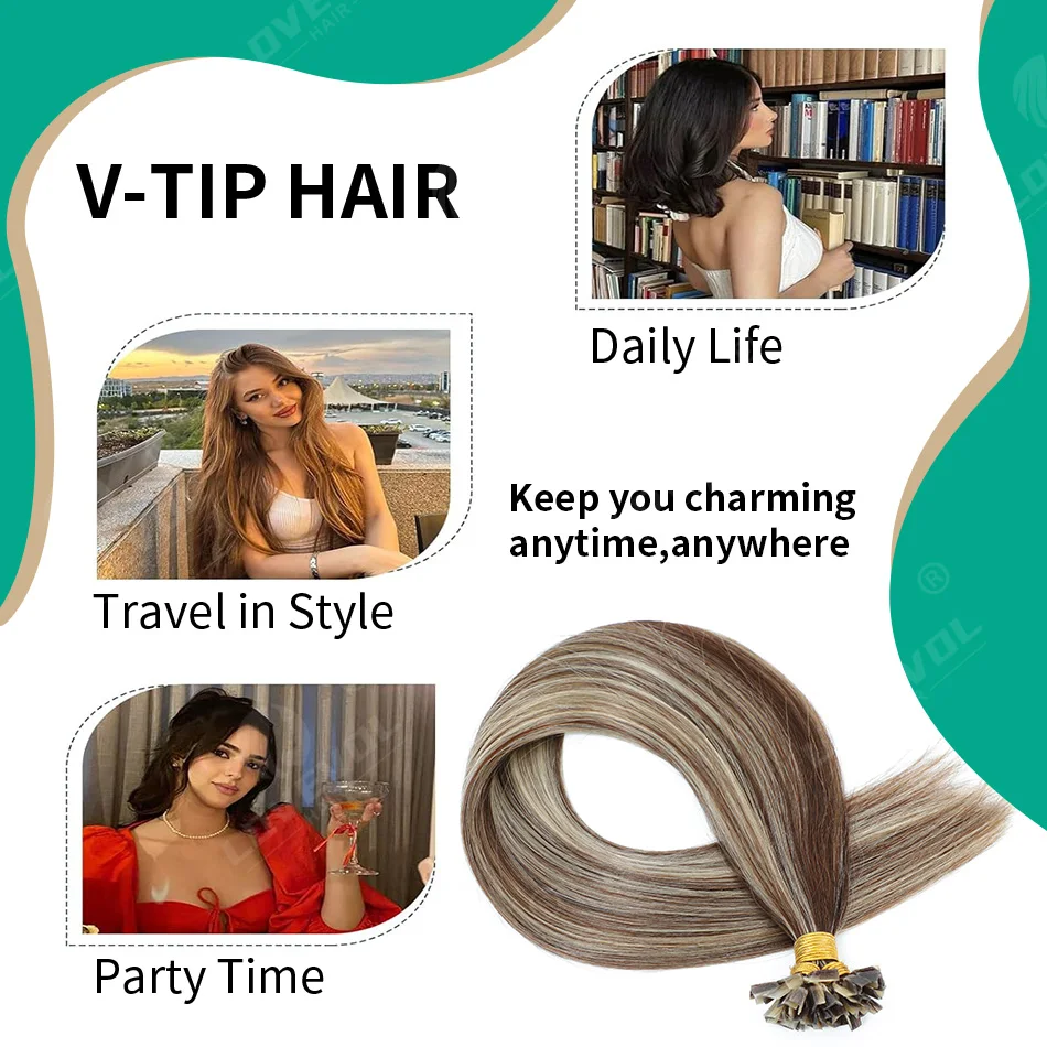 Estensioni dei capelli umani Remy con punta a V dritta Fusion Hair Nail Punta a V Capsule di cheratina precollate Estensioni dei capelli 12-26" - immagine 4