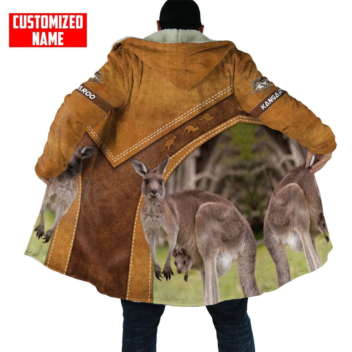 PLstar Cosmos Personalized Name Kangaroo 3D All Over Printed Men's Fleece Hooded Cloak Unisex Casual Thick Warm Cape coat PF96