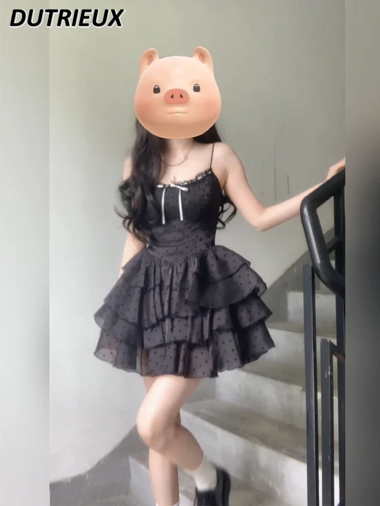 

Summer Black Oversize Sweet Cute Girl's Suspender Dress Women's Plump Girls High-Grade Cake Pettiskirt Short Sling Dresses