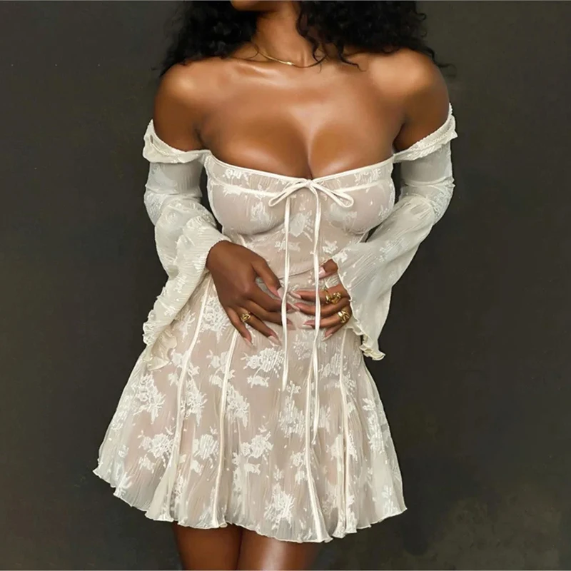 

Vintage White Lace Mini Dress For Women 2023 Elegant Flared Long Sleeve A Line Dresses Autumn Prom Party Evening Ballet Style