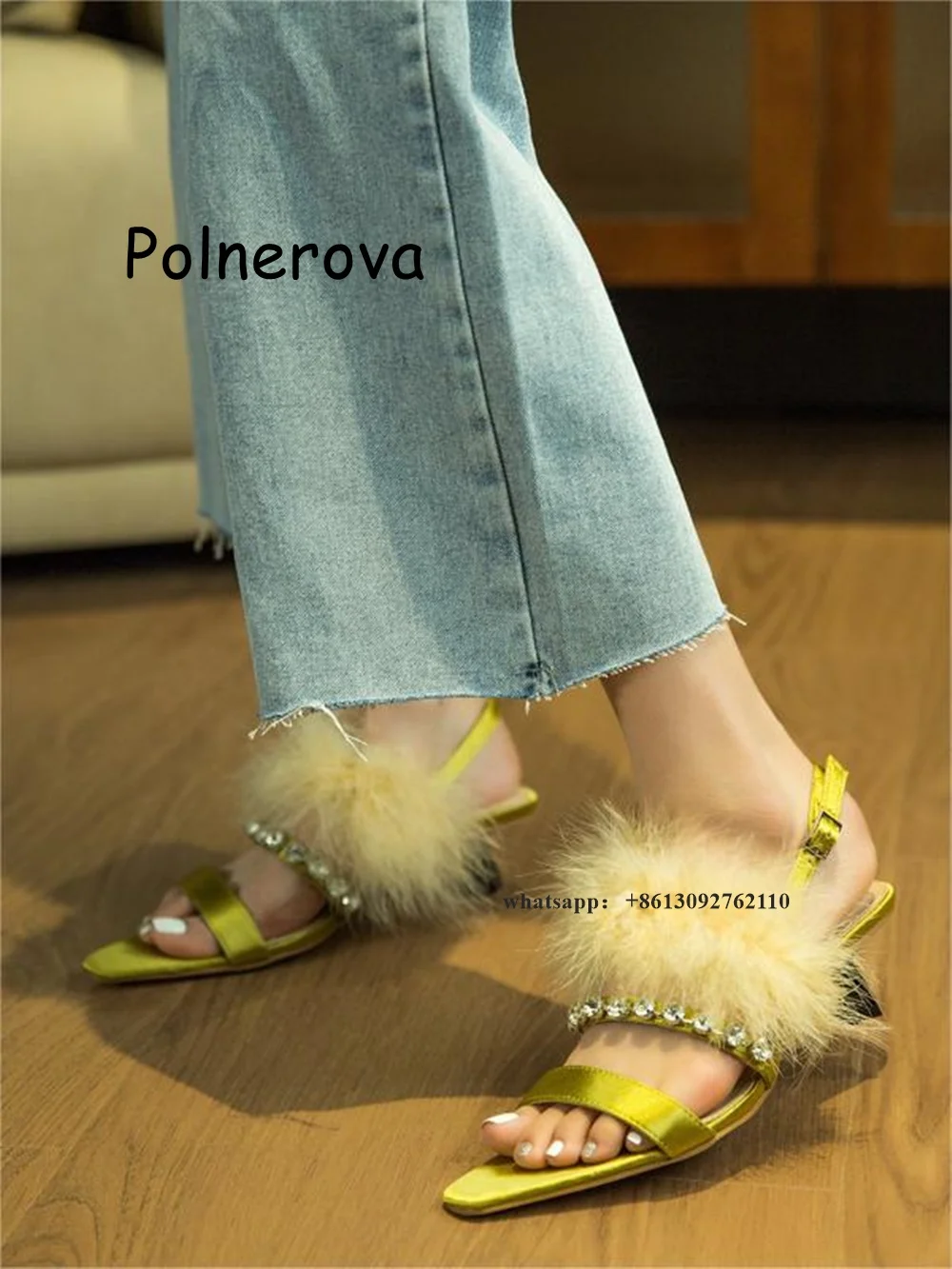 

Rhinestone Fur Sandals Global One Word Belt Women's Shoes Back Strap Metal Buckle Low-Heeled Summer Party Sexy Ladies Sandals