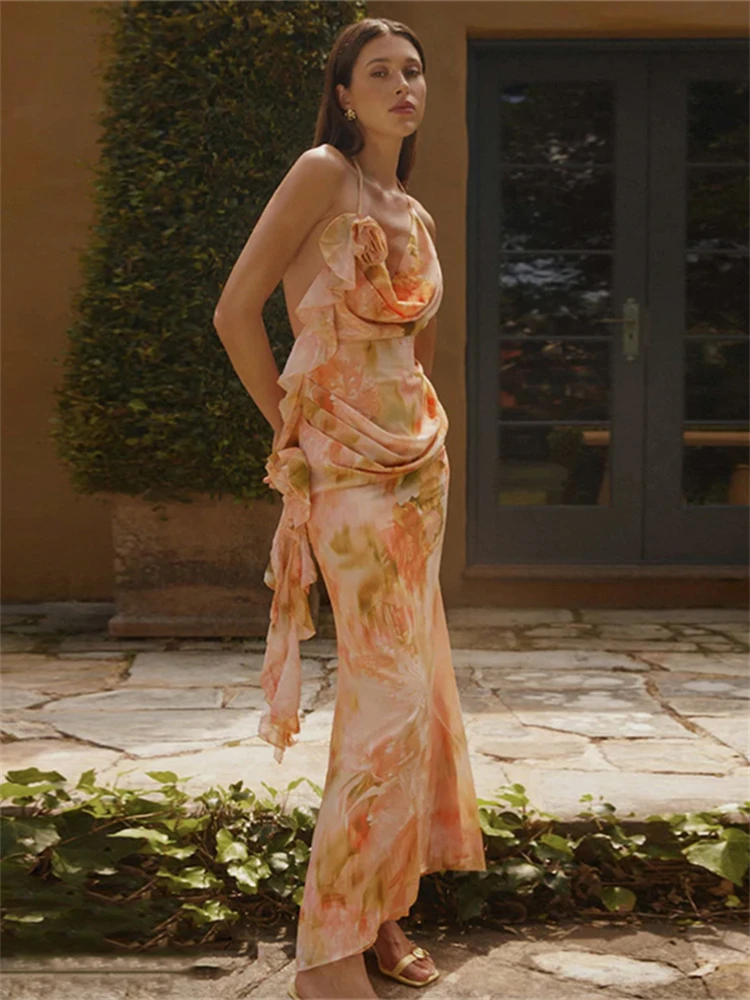 Nibber Summer Release Junior Fashion Sexy High Street Long Dress Midnight Printing Color Slim Cleavage Temperament Backless Robe