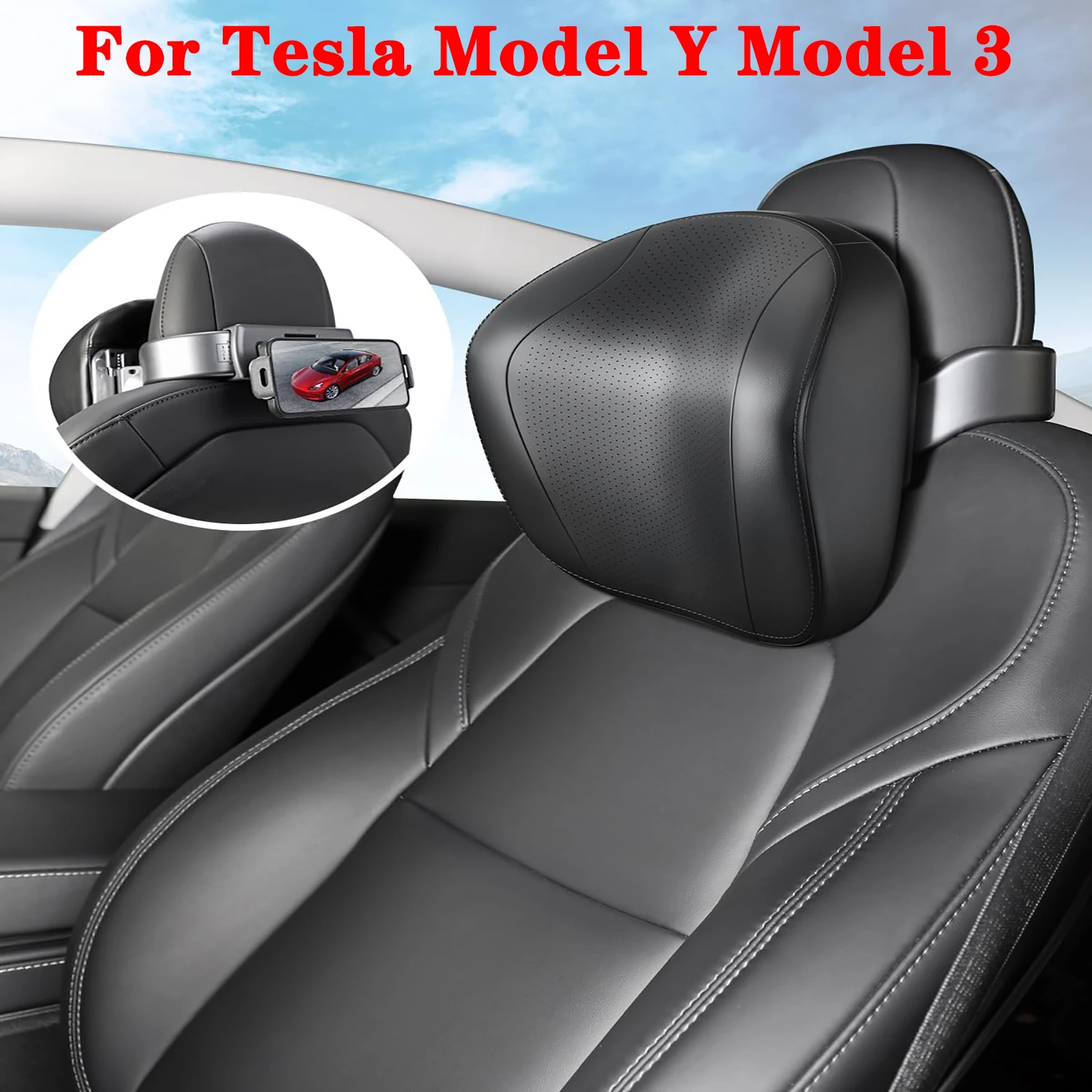 For Tesla Model Y 2017-2024 Model 3 2017-2023 Adjustable Headrest Pillow Neck Pillow, Seat Pillow Neck Rest Cushion with Bracket