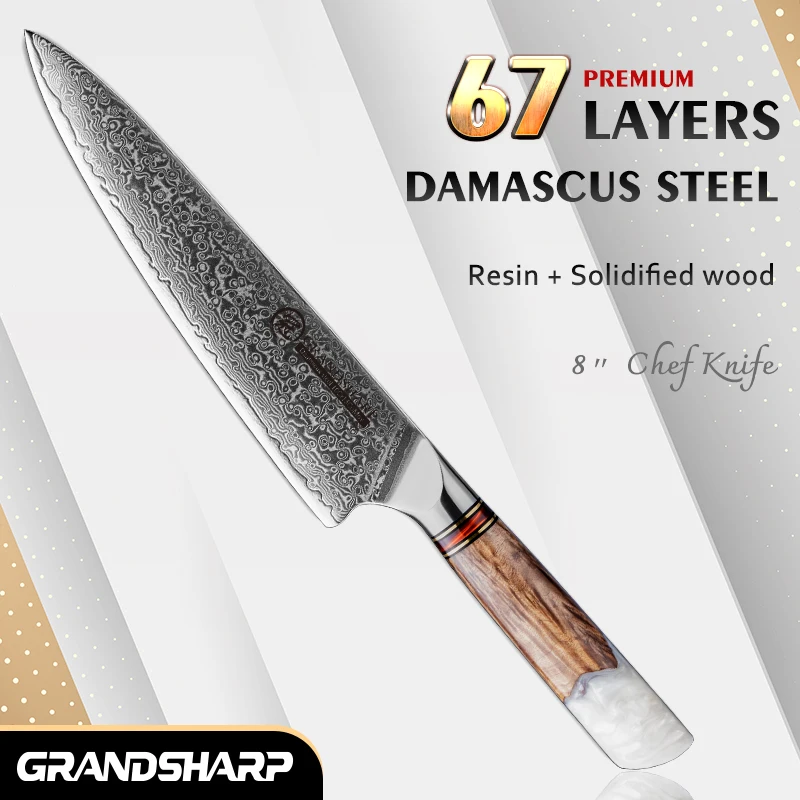 

Grandsharp 8''Chef Knife 67 Layers damascus Steel 10Cr15C0Mov Kitchen Knife Vegetable Meat Cooking Tools with White Resin Handle