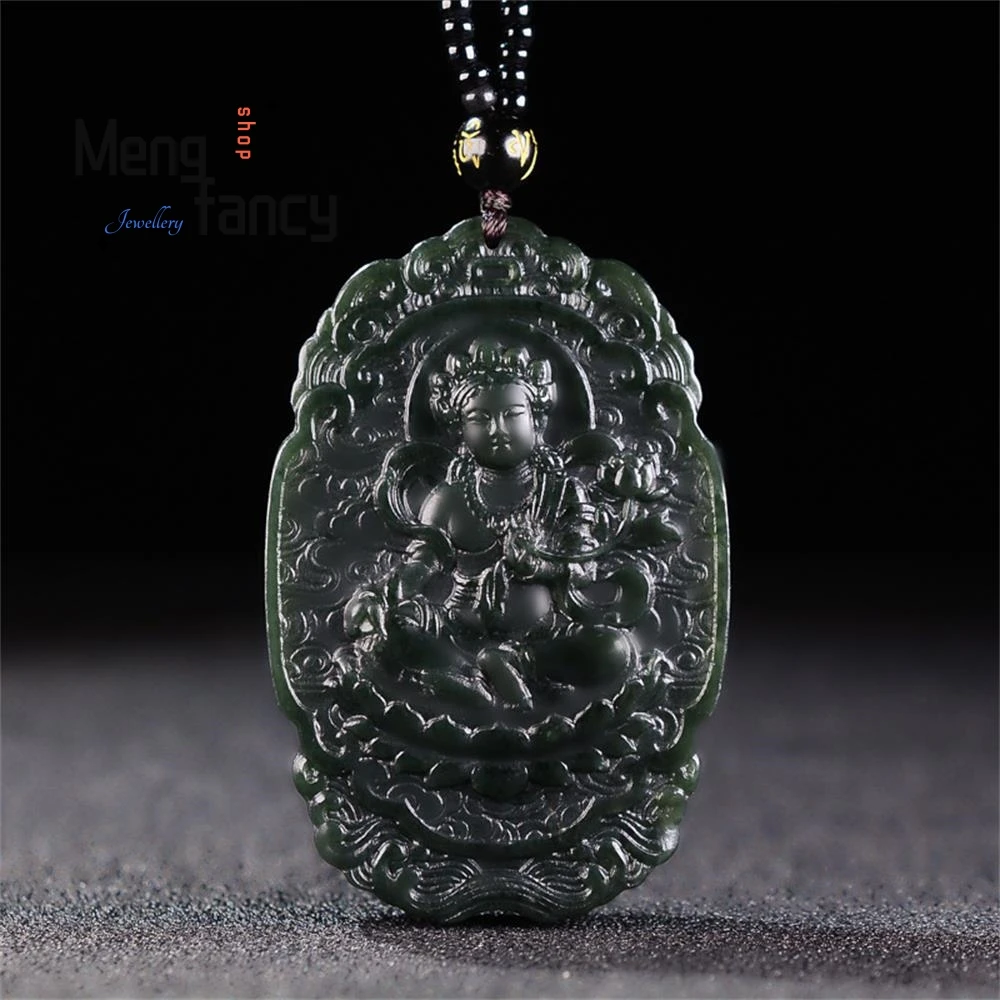 

Natural Hetian Green Jade Double-sided engraving Lotus Flower Goddess of Mercy Pendant Buddhist Amulets Fashion Luxury Jewelry