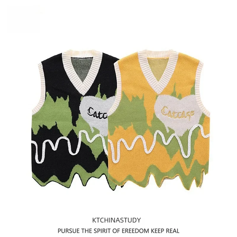 American Style Trendy V-neck Sweater Vest For Men Women Spring/autumn New Irregular Niche Design Knitted Vest