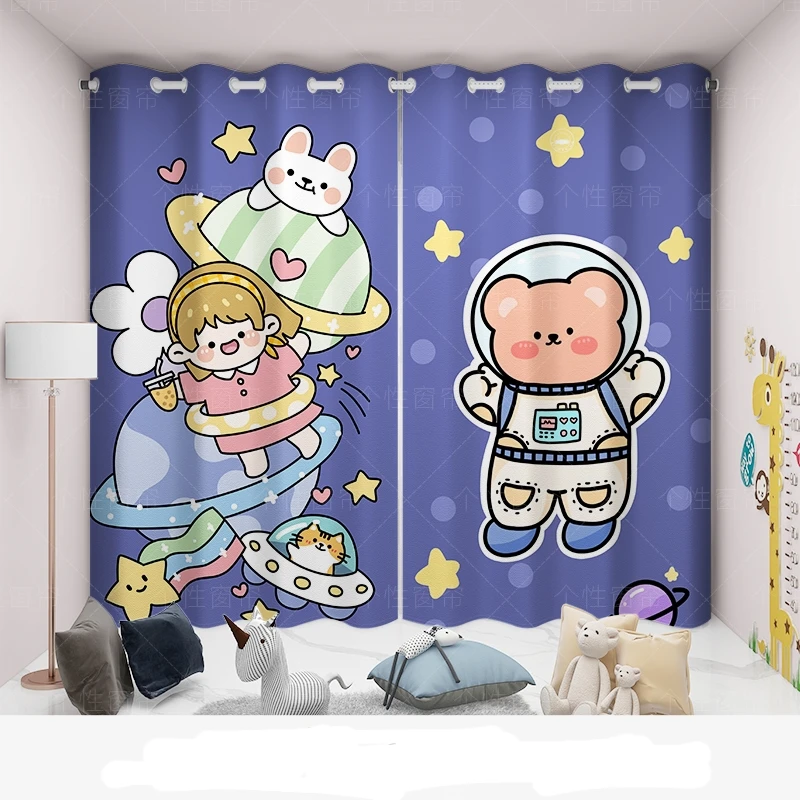 

Custom Cartoon Astronaut Curtain Custom Children's Room Space Themed Boy's Bedroom Bay Window Perforated 90% Blackout Curtain 2P