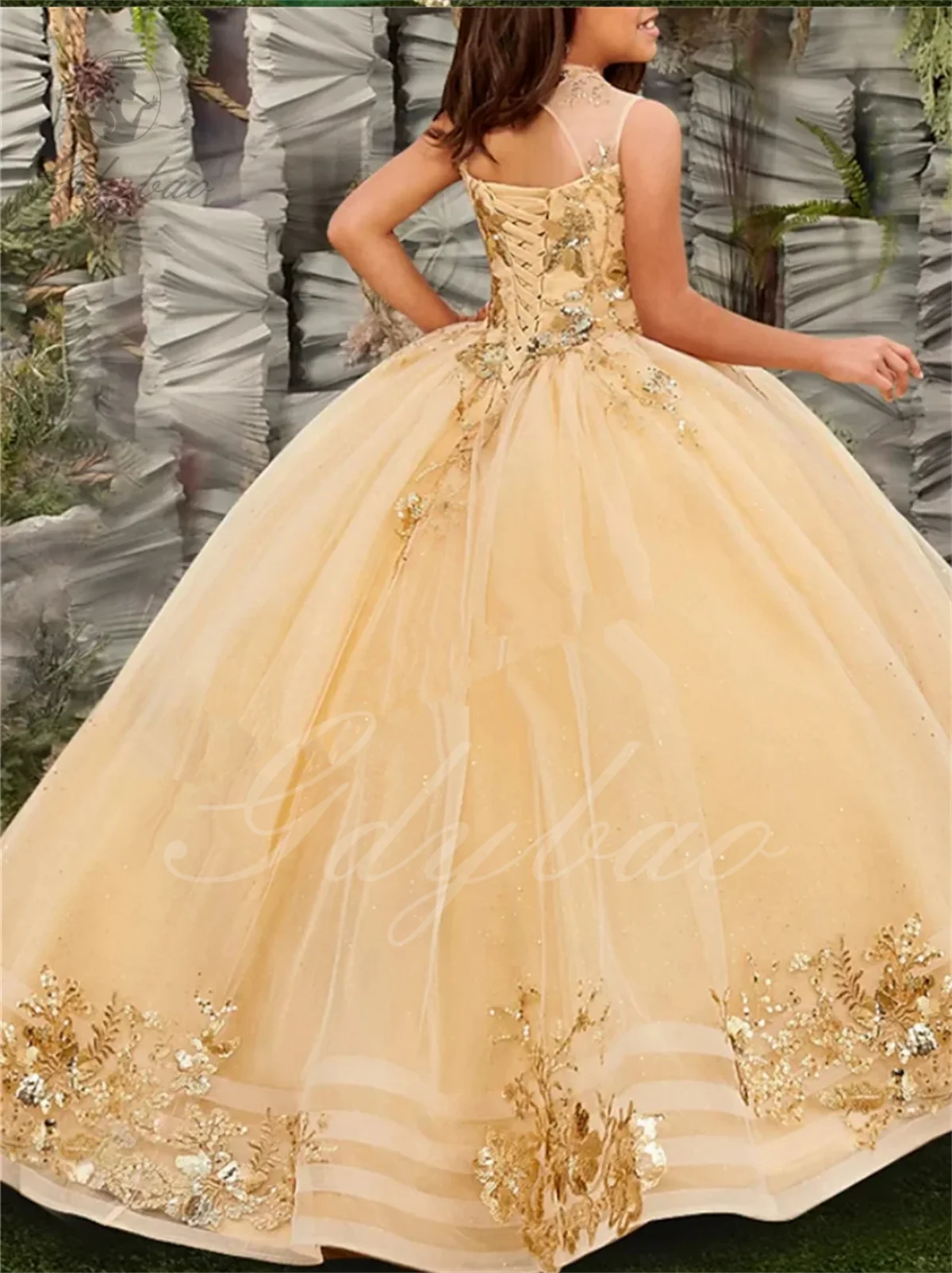 Gold Tulle Flower Girl Dress For Wedding Sleeveless Applique Puffy Floor Length Princess Kids First Communion Ball Gown flower girl dresses