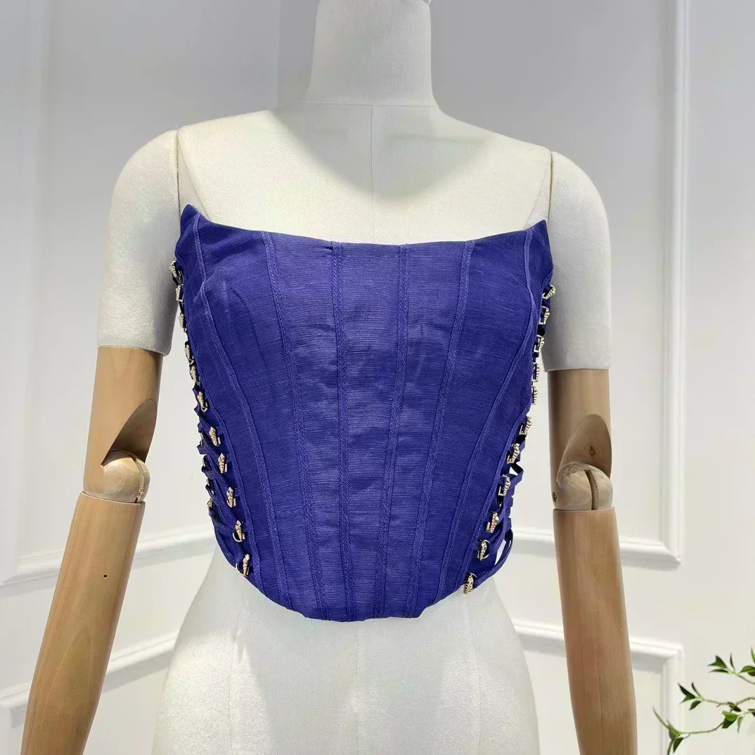 

2023 High Quality Linen Silk Spring Summer Beach Style String Cross Crop Top All-matching Corset for Women