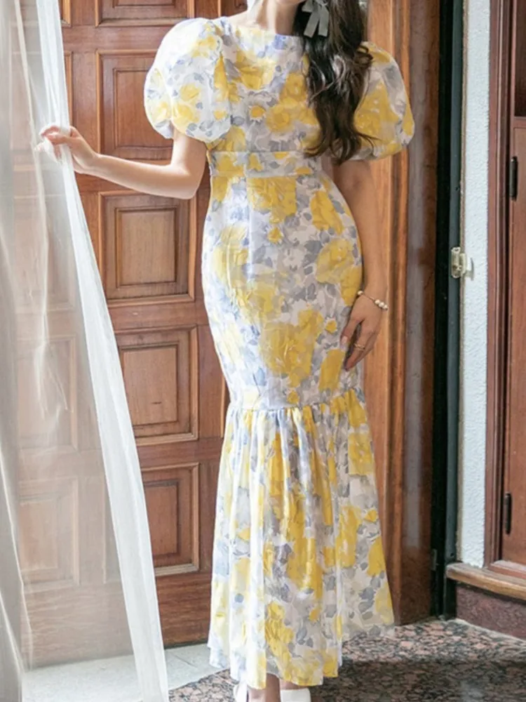 

Summer Women Fashion Elegant Print Long Dress Vintage Chic Bodycon Slim Party Birthday Clothes Female Evening Clothes Robe New