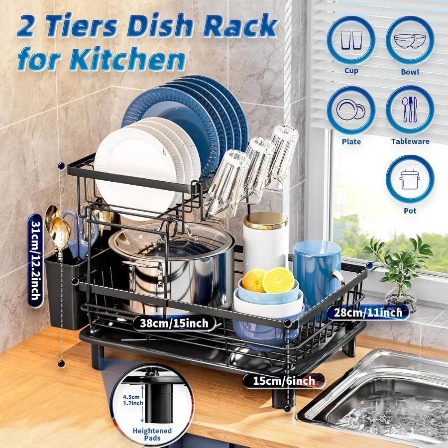 2 Tiers Dish Drying Rack SpaceSaving Dish Racks for Kitchen Counter Dish Drainer Drying Rack with Drainboard Utensil Holder Cup