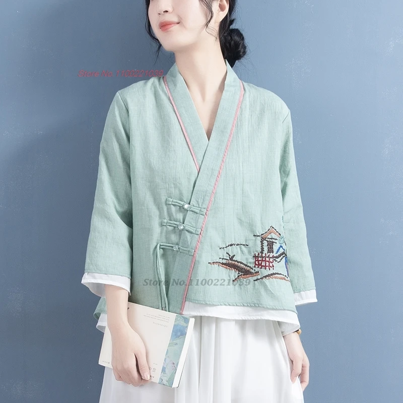 

2024 traditional chinese ethnic blouse national flower embroidery double layers blouse vintage cotton linen v-neck folk blouse