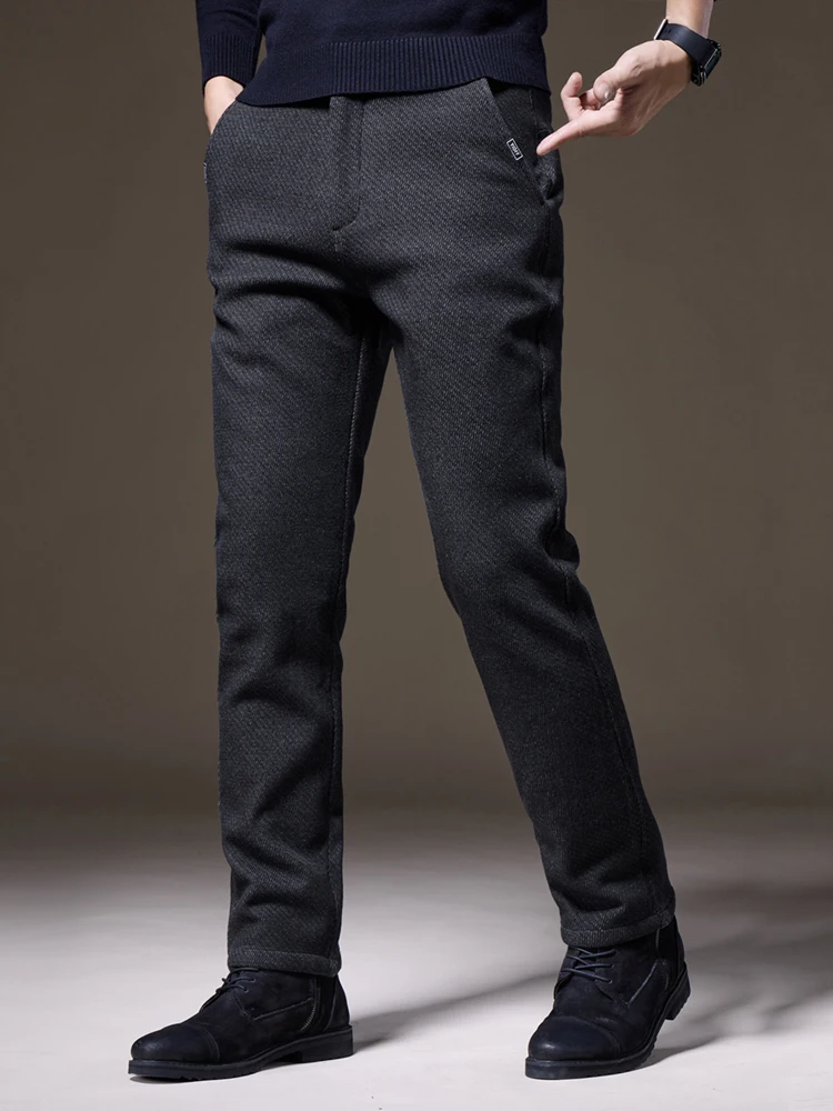 Autumn Men's Brushed Fabric Regular Pants Fashion Korean Slim Straight Business Casual Trousers Classic Black Gray Brand Clothes 6