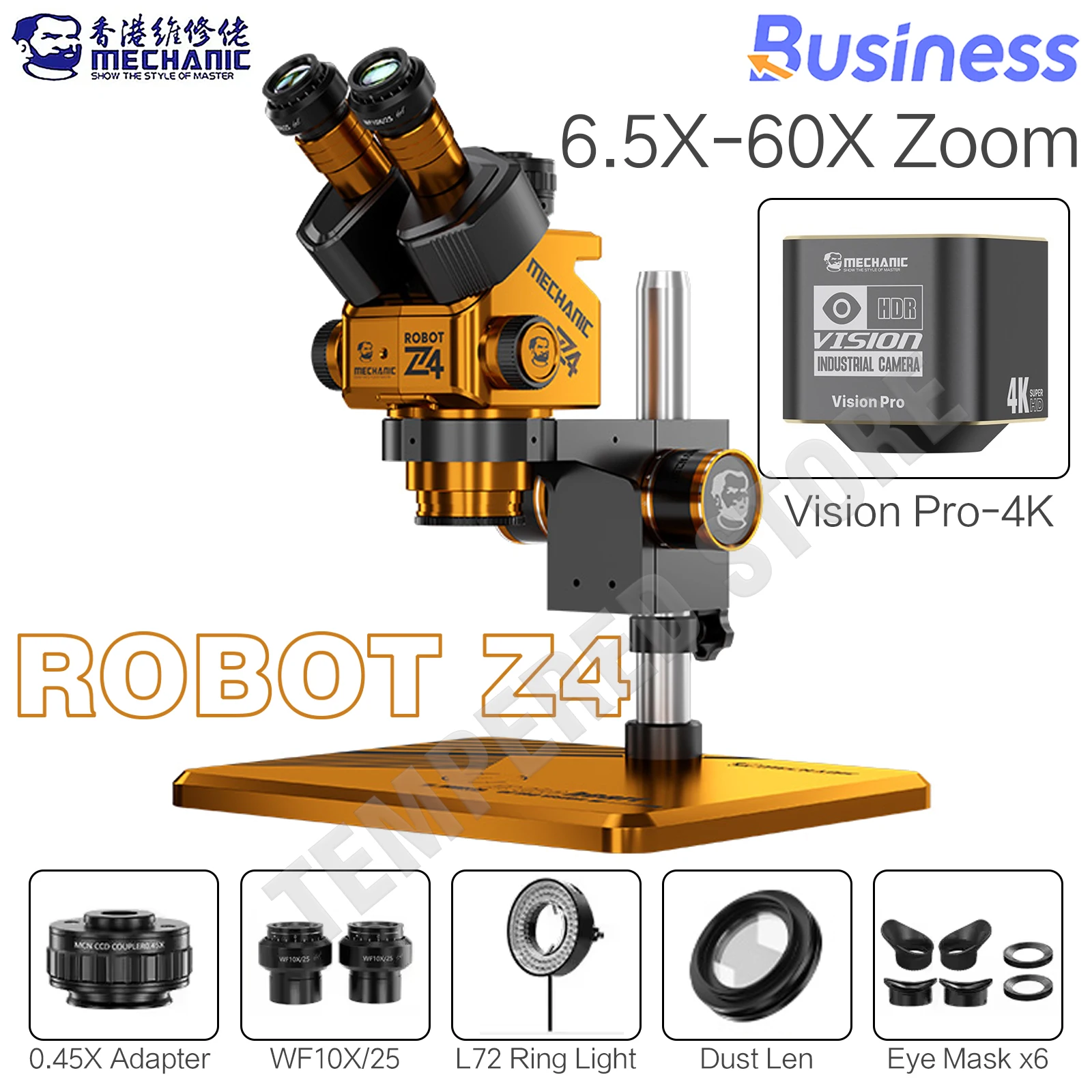 메카닉 로봇 Z4-B11 삼안 현미경, 6.5X-60X 연속 줌 WF10X25, PCB 수리 도구용 4K 비전 프로 카메라 탑재