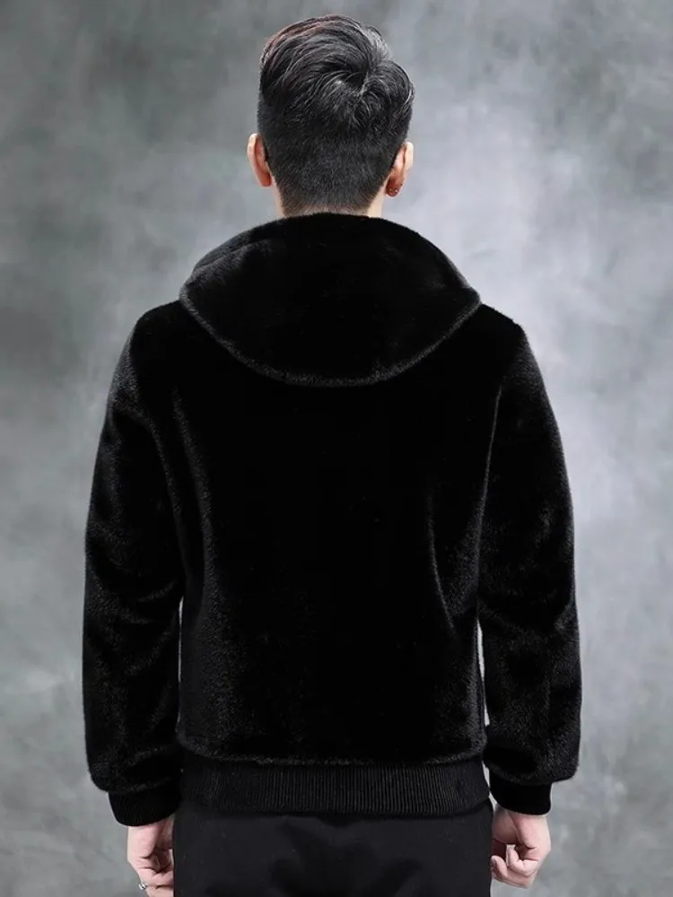 남성용 인조 모피 코트, 따뜻한 캐주얼 겉옷, 긴팔 지퍼, 하이 스트리트 펑크, 럭셔리 양면 후드 재킷, 겨울 패션