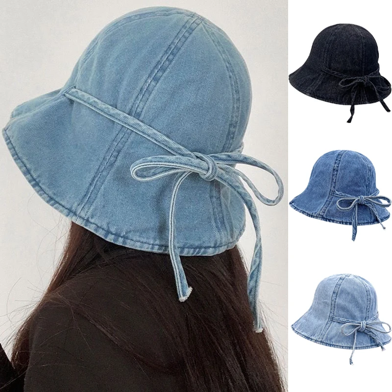 

New Bow Strap Denim Bucket Hats for Women Cotton Fisherman Cap Korea Lace-Up Casual Versatile Retro Basin Hat Sun Protection Hat