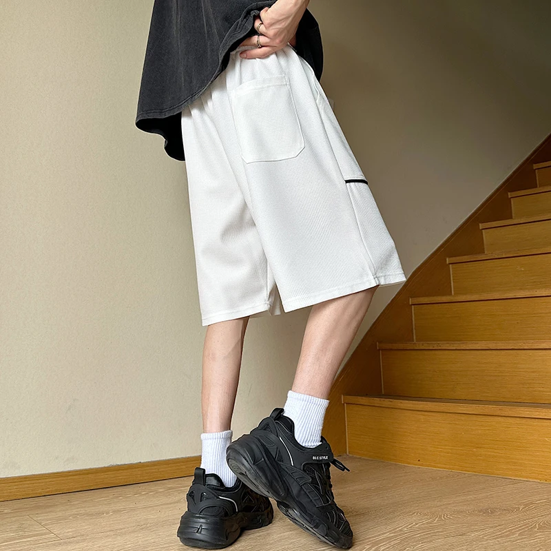 Summer Men's Clothing Elastic High Waisted Pockets Drawstring Bandage Contrast Color Casual England Style Sweatpants Shorts