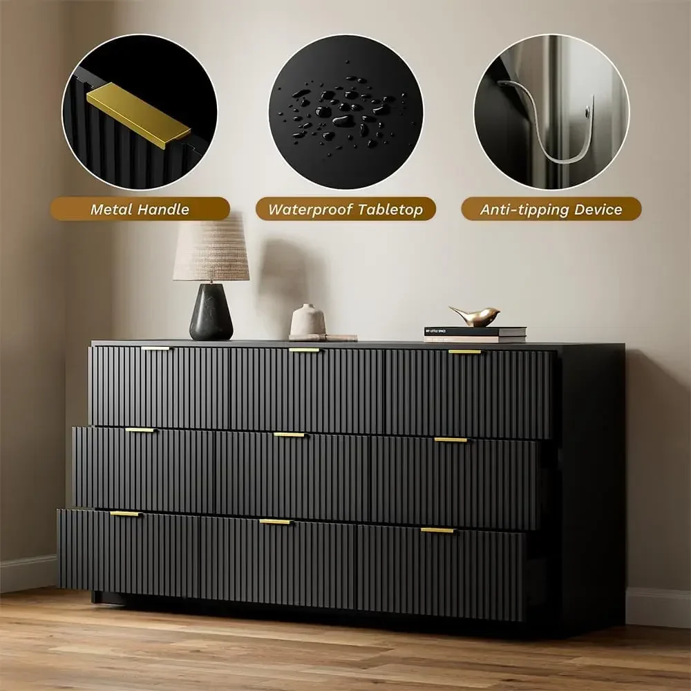 Black Dresser for Bedroom, 9 Drawer Double Dresser, Modern Chest of Drawers for Bedroom, Living Room, Entryway and Closet 4