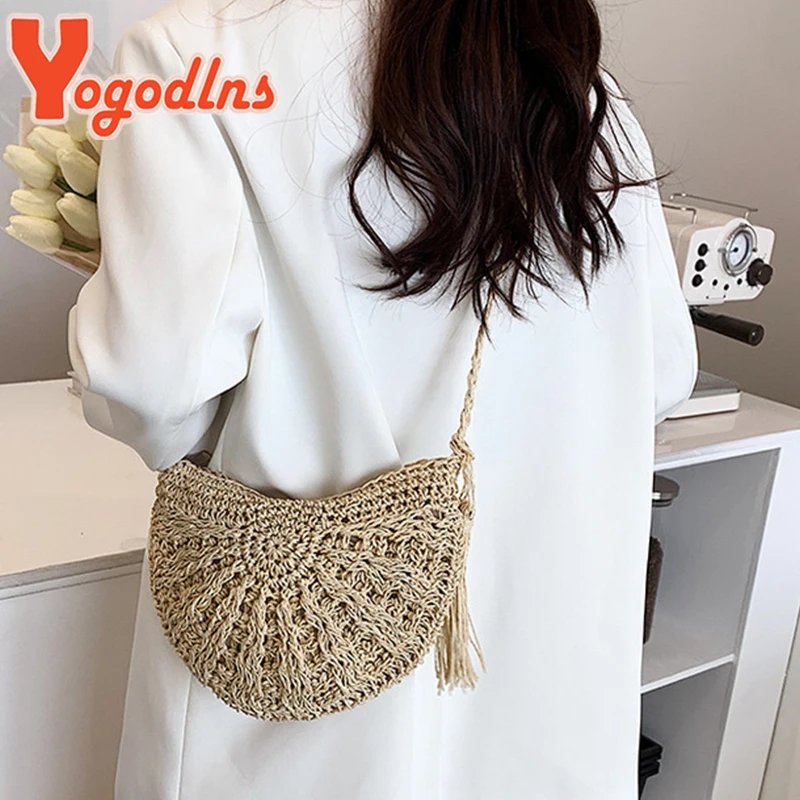 Yogodlns New Half Round Straw Bags for Women Summer Beach Rattan Bag Handmade Woven Half Moon Crossbody Handbags Bohemia