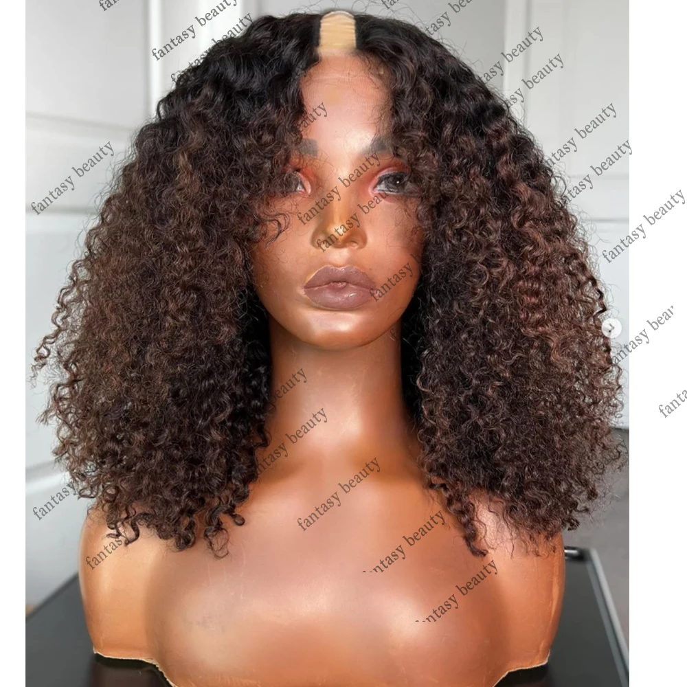 Kinky Curly Ombre Caramel Brown U Part Wigs Black Roots Remy Virgin Hair Natural V Part Wig with Clip for Black Women 200Density