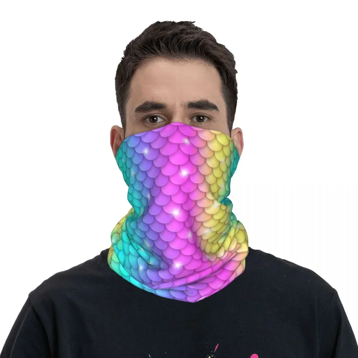 

Sparkling Rainbow Mermaid Scale Bandana Neck Gaiter Printed Wrap Scarf Warm Face Mask Outdoor Sports for Women