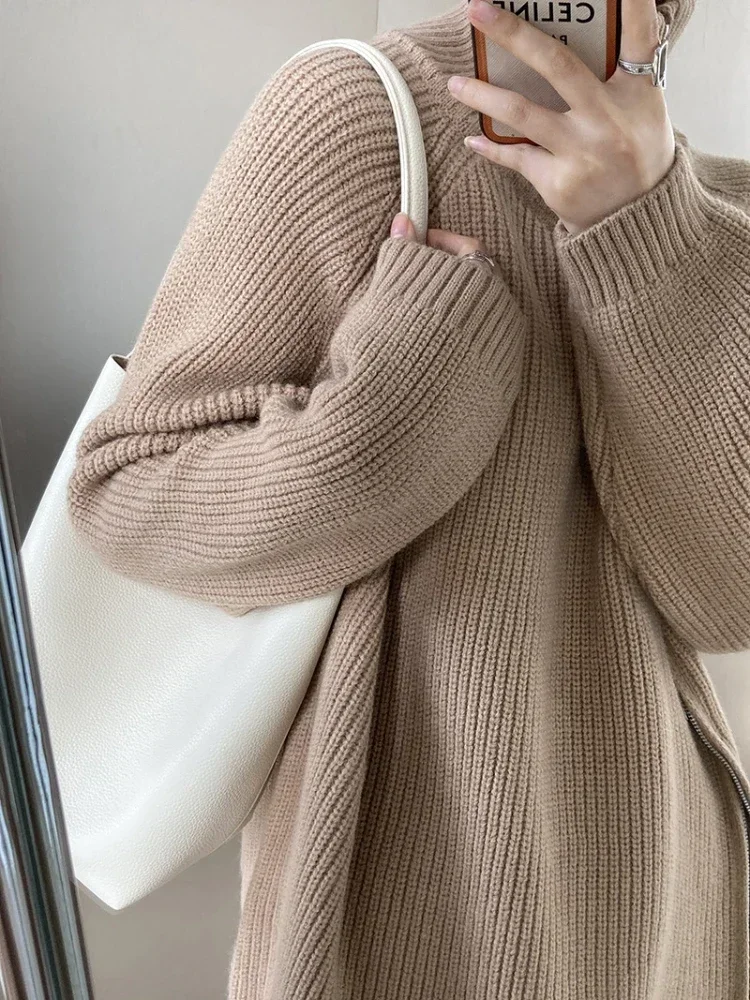 thumbnail image 1 of Suéteres de cuello alto con cremallera de gran tamaño para mujer, suéteres de moda para mujer, prendas de punto de otoño 2024, suéteres sólidos de cuello alto holgados y gruesos para mujer, 1 of 5