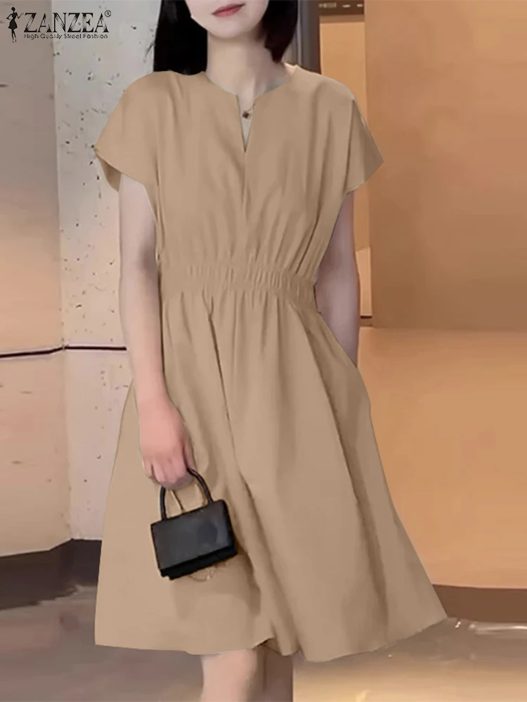

Платье ZANZEA женское с эластичным поясом, модное платье до колен в Корейском стиле, с коротким рукавом и карманами, платье-трапеция в стиле оверсайз, лето 2024
