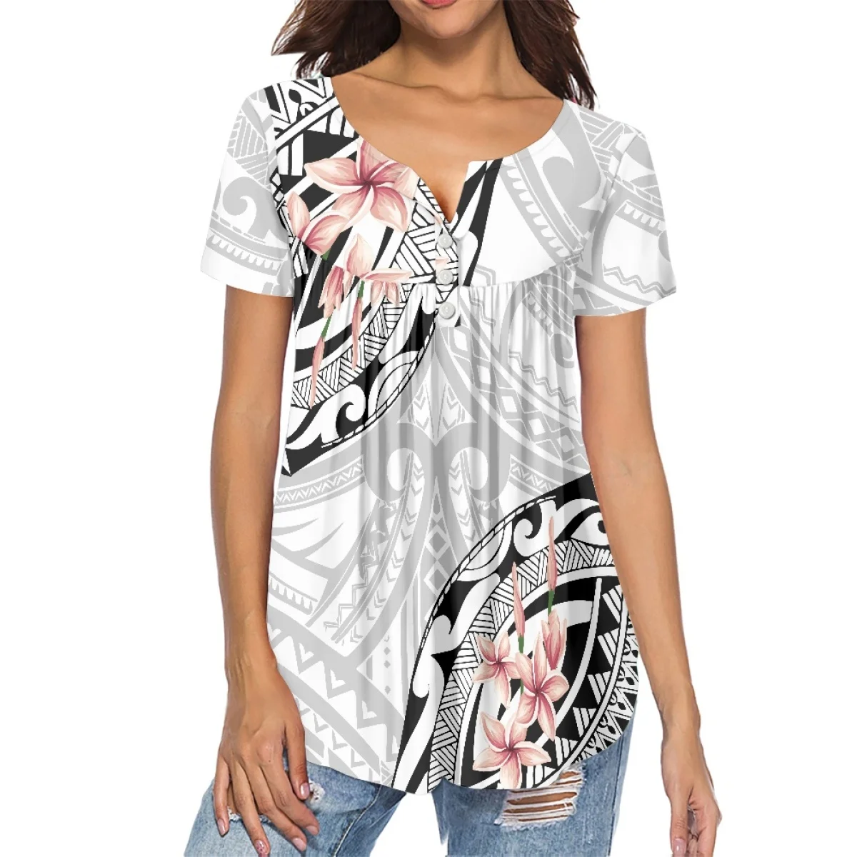 

Casual Women's Chiffon Short Sleeve For Summer 2022 Polynesian Tribal Print Low-Cut Short Sleeve Loose Pleated Everyday Chiffon