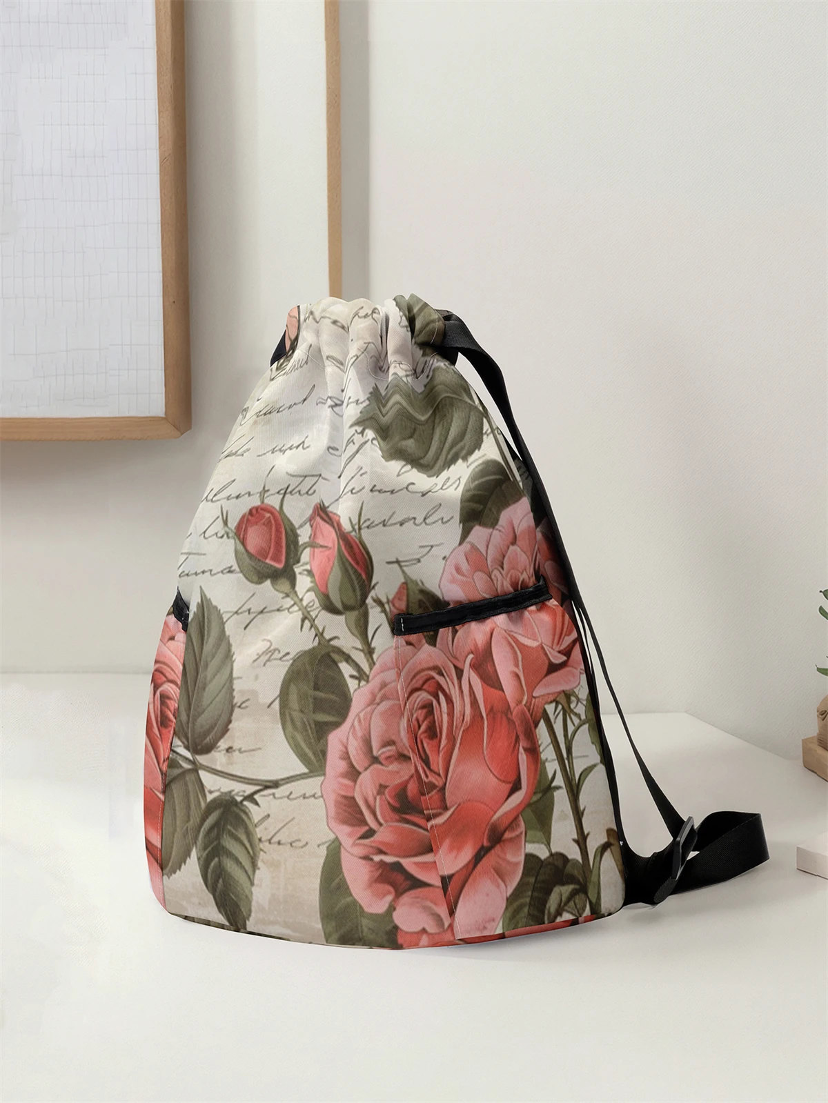 Floral Pattern Printed Drawstring Backpack - Large Capacity Durable Fitness Bag, Sports Beach Backpack