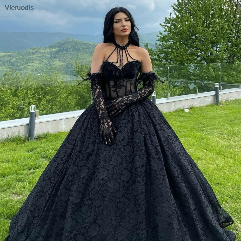 Elegant Black Lace Princess Prom Dress And Feather Sweetheart Zipper Back  Evening Gowns Saudi Arabia Party Dresses - Prom Dresses - AliExpress