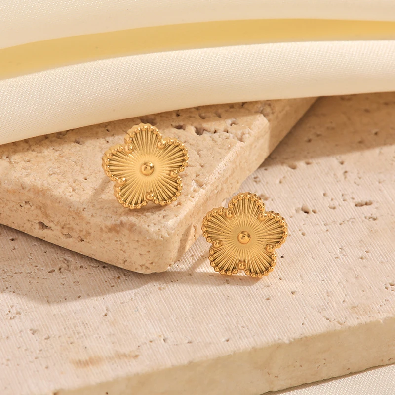 GANEMLY 316L Stainless Steel Golden Plum Blossom Five Leaf Flower Stud Earrings For Women Fashion Waterproof Clover Jewelry Gift - Image 5