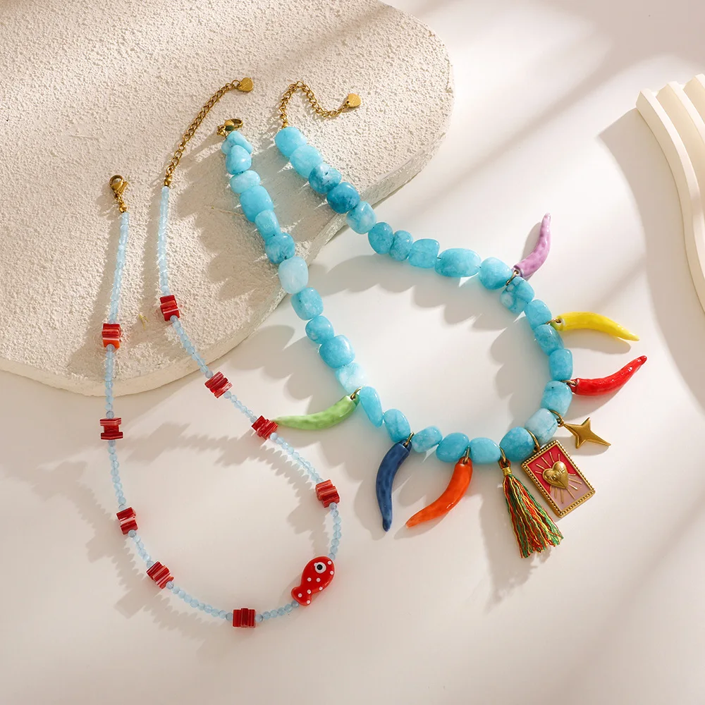 Stackable Natural Stone Bell Pepper Collar Neckalce Women Colorful Wheat Ears Fish Heart Star Charms Pendant Choker Waterproof