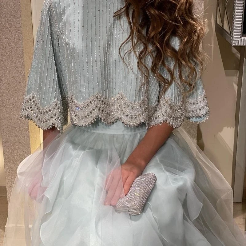 

Luxury Beads Dubai Aqua Blue Evening Dresses with Tull Skirt 2024 New Arabic Women Mermaid Wedding Party Prom Dress