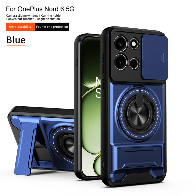 Shockproof Kickstand Car Magnetic Holder Armor Back Case with Slide Camera Lens Cover