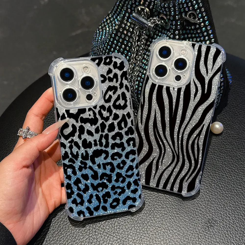 Luxury Black Leopard Print Anti-Fall Bling Clear Phone Case