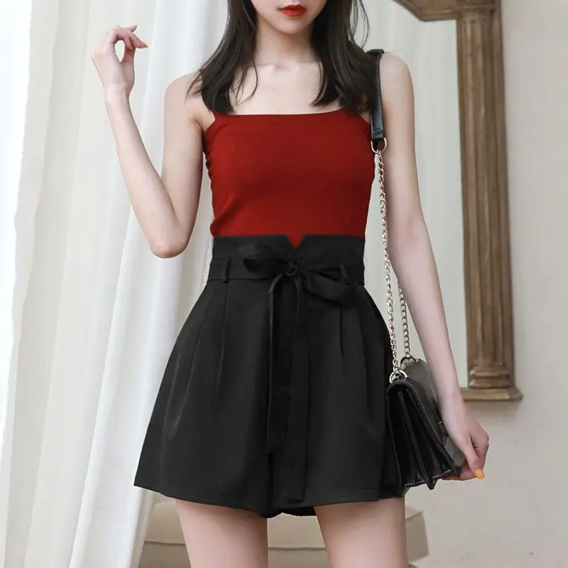 Summer Korean Thin A-line Wide Leg Shorts Solid Women Elastic High Waist Bandage Pocket Folds Breathable Loose Short Pants 2024