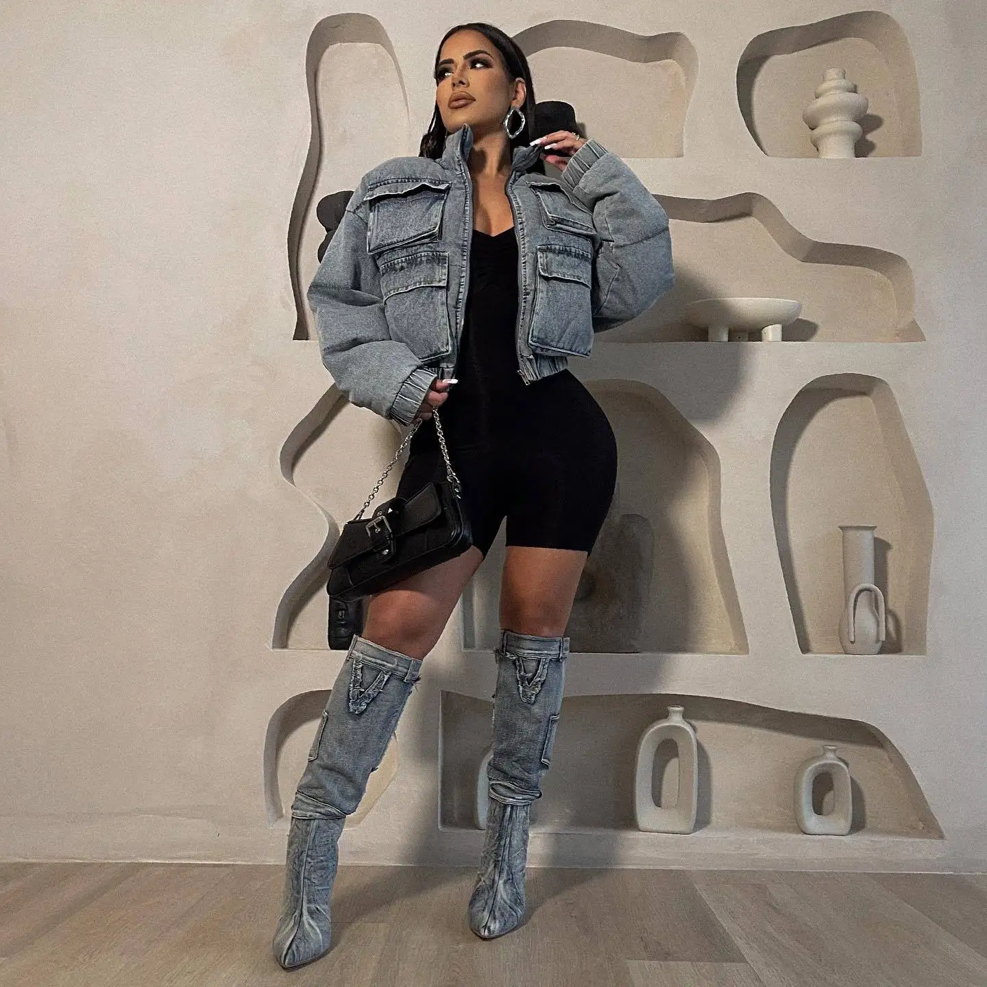 Thick Jeans Bubble Jacket Sexy Women Turn Down Collar Elegant