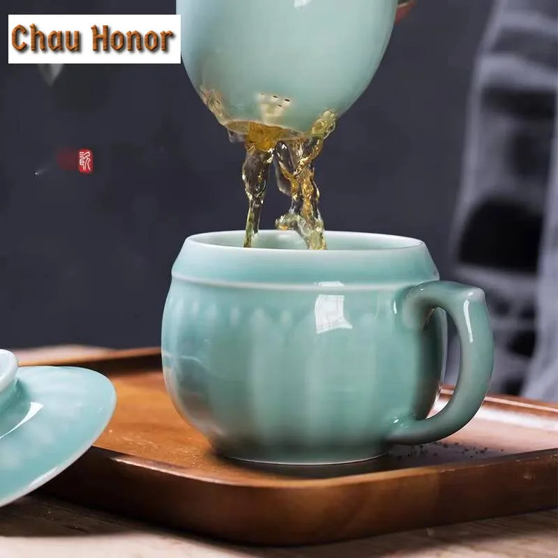 300ml Longquan Celadon Office Mug with Lid Conference Water Jug with Filter Tea Water Separation Ceramic Soaking Cup Gift