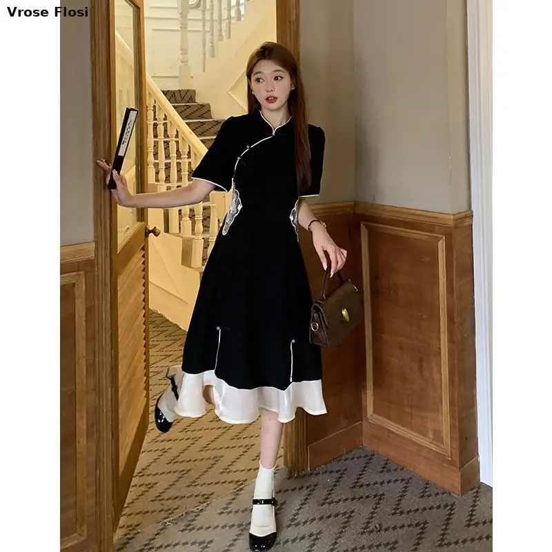 

2023 Chinese Improved Hanfu Cheongsam Dress Women A Line Qipao New Fashion Style Short Sleeve Casual Daily Lady Cheongsam Dress