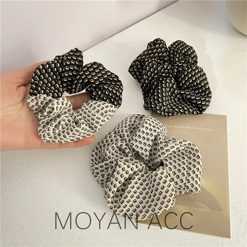 Korean Vintage Crumpled Texture Printing Elegant Graceful Large Intestine Hair Band Female Bun Double Matching Polka Dot Hair Ri cookout vintage chalk texture white