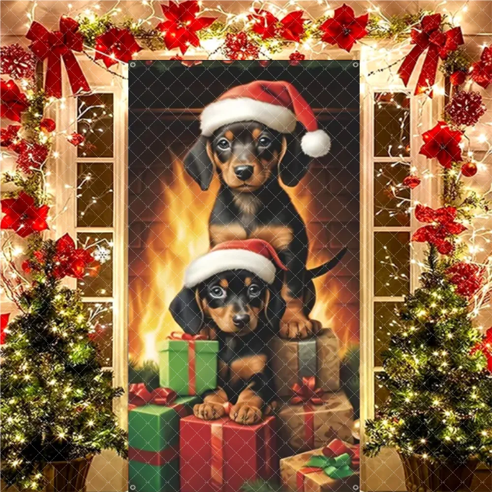 Cartoon Weihnachten Santa Thema Nussknacker Schneemann Tür Banner Glänzende Weihnachtsbaum Party Dekorationen Niedliche Katze Und Hund Hintergrund – Detail 17