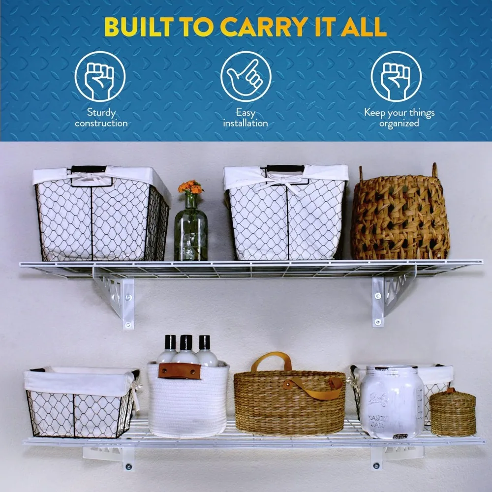 Garage Wall Shelf Two-Pack White or Hammertone | Three Size Options | Includes Bike Hooks | 500lb Weight Capacity 2