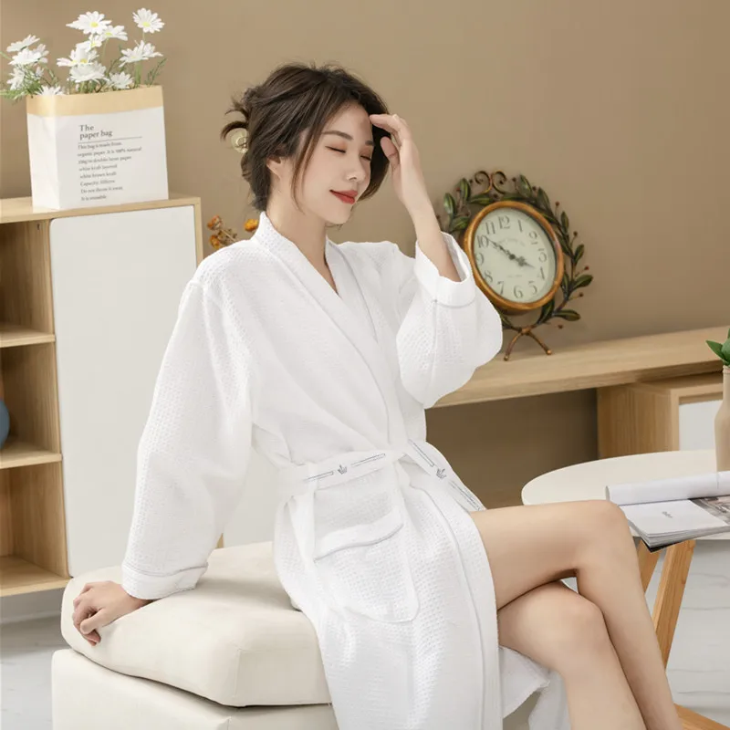white christmas dresses Womens Long Waffle Kimono Wholesale Robe Lightweight Cotton, Personalized Robe, Hotel Spa Bathrobe for Women - Adult - Unisex - White main image 0