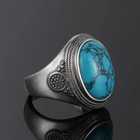 Natural 10x14MM Oval Turquoise Rings Silver Ring for Men Women Luxury Vintage Fine Jewelry Anniversary Party Gift