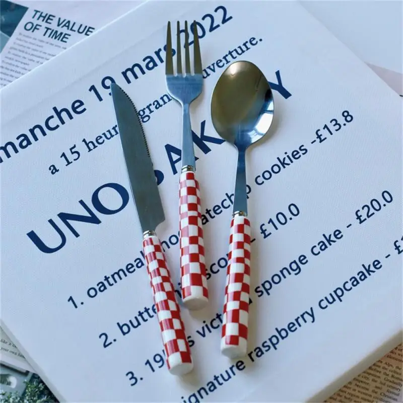 Korea Style Stainless Steel Knife Fork Spoon Three Pieces Creative Checkered Western Tableware Set 3pcs silicone spatula stainless steel spoon silicone kitchen utensils silicone cooking spoon wooden cooking spoon plastic rice spoon cooking scoop