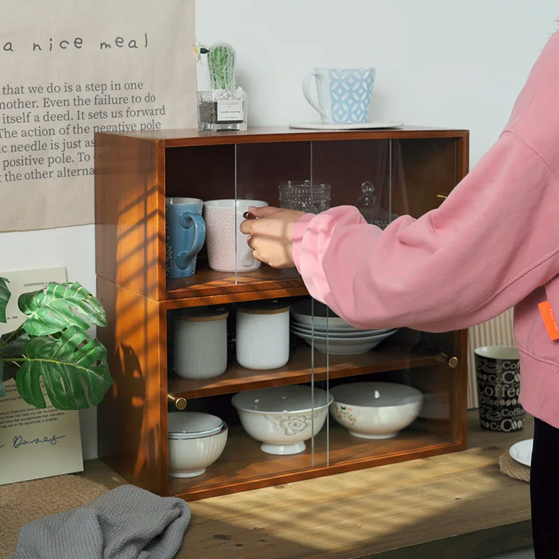 주방 캐비닛 Household Sideboard Cabinet Solid Wood Vintage Cupboard Tableware Glass Lid Storage Cabinet