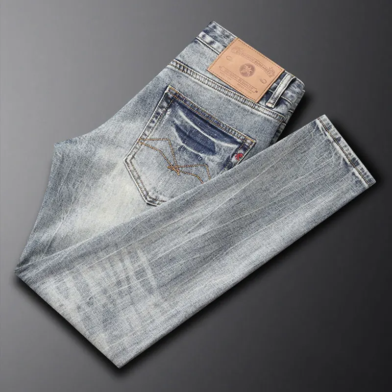 Newly Designer Fashion Men Jeans Retro Washed Blue Stretch Slim Fit Ripped Jeans Men High Quality Vintage Denim Pants Hombre